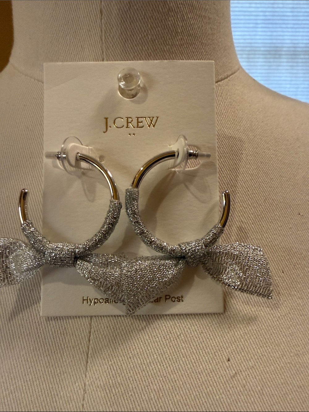 J. Crew Factory Silver Glitter Bow Hoop Earrings
